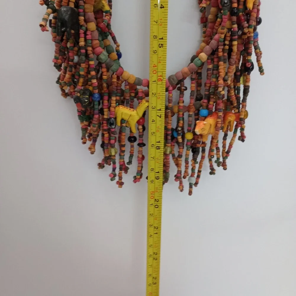African Trade Bead Necklace Multi Strand Wood Animal Fringe Statement
